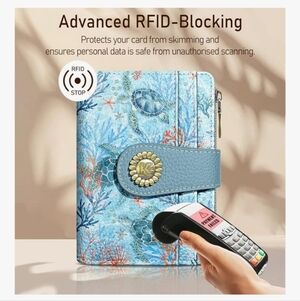 Blue Floral RFID-Blocking Wallet Turtle Ocean Aqua
